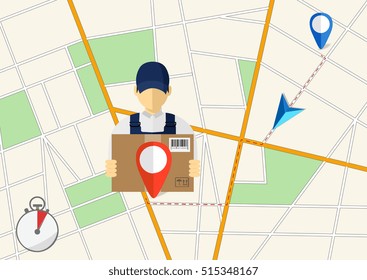 Service of fast delivery. Express delivery courier service. Man courier with box in his hands. Vector illutration