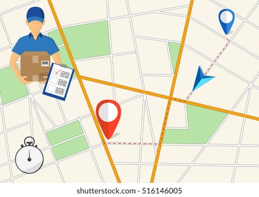 Service of fast delivery. Express delivery courier service. Man courier with box in his hands. Vector illustration