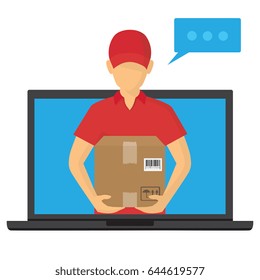 Service of fast delivery. Express delivery courier service. Man courier with box in his hands. Vector illutration
