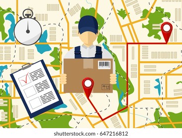 Service of fast delivery. Express delivery courier service. Man courier with box in his hands. Vector illutration