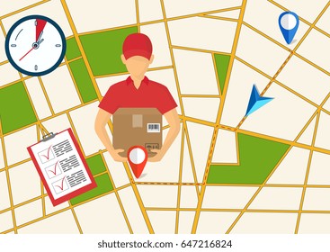 Service of fast delivery. Express delivery courier service. Man courier with box in his hands. Vector illutration
