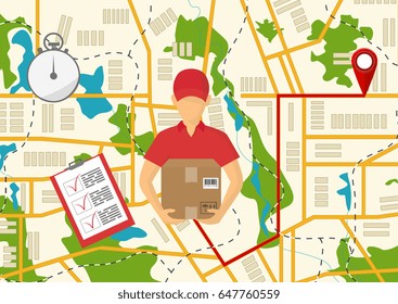 Service of fast delivery. Express delivery courier service. Man courier with box in his hands. Vector illutration