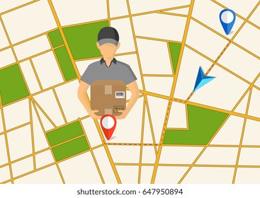 Service of fast delivery. Express delivery courier service. Man courier with box in his hands. Vector illutration