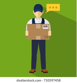 Service of fast delivery. Express delivery courier service. Man courier with box in his hands. Vector illutration