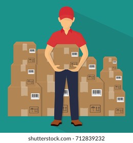 Service of fast delivery. Express delivery courier service. Man courier with box in his hands. Vector illutration