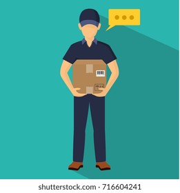Service of fast delivery. Express delivery courier service. Man courier with box in his hands. Vector illustration