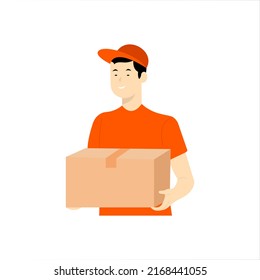 Service of fast delivery parcels vector illustration. Express delivery courier service. Smiling man courier in orange uniform with box in his hands. Flat style. EPS 10