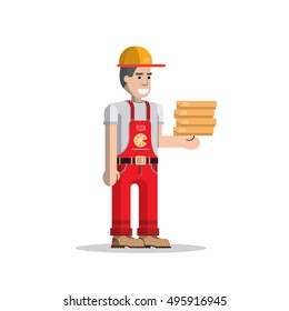 Service for fast pizza delivery. Express pizza delivery courier service. Man courier with boxes of pizza in his hands.