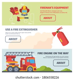 Service Firefighter Horizontal Banners. Special Equipment For Fireman Prevent Accidents Protective Extinguishing Fires Work Of Rapid Response Teams In Emergency Situations. Art Vector.