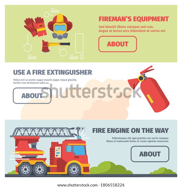 Service firefighter horizontal banners. Special
equipment for fireman prevent accidents protective extinguishing
fires work of rapid response teams in emergency situations. Art
vector.