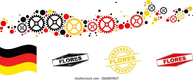 Service Flores Islands of Indonesia map collage and seals. Vector collage formed from service items in variable sizes, and Germany flag official colors - red, yellow, black.