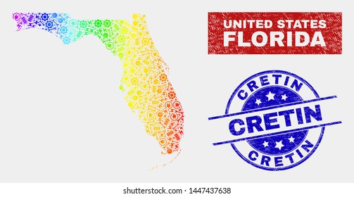 Service Florida State map and blue Cretin scratched seal. Spectral gradiented vector Florida State map mosaic of service parts. Blue round Cretin seal.