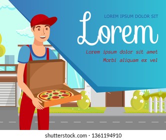 Service for Food Delivery Flat Web Banner Template. Happy Man in Overalls and Cap Holding Pizza Cartoon Character. Food Shipping. Pizzeria, Cafe, Restaurant Home Shipment Advertising Concept