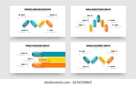 Conjunto de Ilustración vectorial de Plantilla de marco de diagrama de cuatro y tres elementos. Solución moderna 4 5 Paquete de diseño de diapositivas infográficas de 3 pasos.