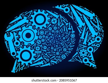 Service forum chat mosaic of service tools on a dark blue gradient background. Vector forum chat is composed of blue gear wheels, wrenches, and other instruments, and based on forum chat icon.