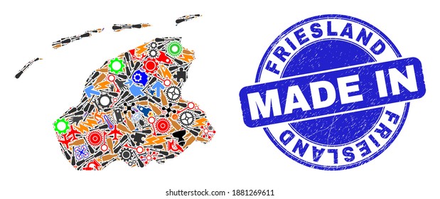 Service Friesland Province map mosaic and MADE IN textured stamp seal. Friesland Province map collage formed with wrenches,wheel, tools,items,cars,electricity strikes,bugs.