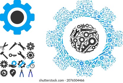 Collage de los engranajes de servicio de las herramientas de servicio. El engranaje vectorial se forma con engranajes, palangreros y otras herramientas, y se basa en el icono de engranaje. Concepto de empresa de sintonización.