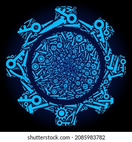 Composición de engranajes de servicio de herramientas de servicio en un fondo de gradiente azul oscuro. Los vectores se hacen con ruedas de engranajes azules, palangreros y otros instrumentos, y se basan en el icono de los engranajes.