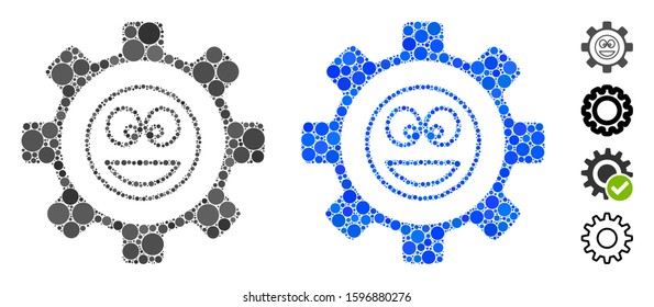 Service gear happy smile composition of round dots in different sizes and color tinges, based on service gear happy smile icon. Vector round elements are grouped into blue composition.