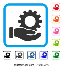 Service Gear icon. Flat gray pictogram symbol inside a light blue rounded frame. Black, gray, green, blue, red, orange color additional versions of Service Gear vector.