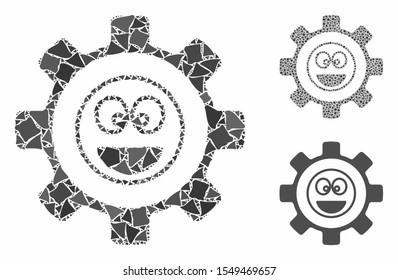 Service gear laugth smile mosaic of irregular elements in various sizes and color tints, based on service gear laugth smile icon. Vector unequal elements are united into mosaic.