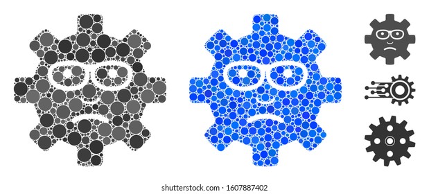 Service gear sad smile composition of small circles in different sizes and color tinges, based on service gear sad smile icon. Vector filled circles are united into blue composition.