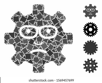 Service gear sad smile icon mosaic of joggly parts in variable sizes and color tints, based on service gear sad smile icon. Vector inequal parts are united into collage.