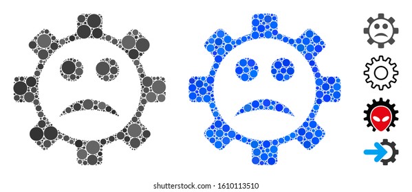 Service gear sad smiley composition of filled circles in different sizes and shades, based on service gear sad smiley icon. Vector small circles are organized into blue composition.