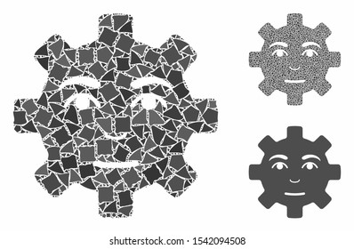 Service gear smile mosaic of humpy pieces in different sizes and color hues, based on service gear smile icon. Vector trembly pieces are combined into mosaic.