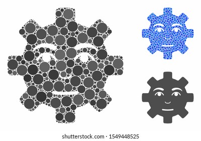 Service gear smile mosaic of small circles in various sizes and shades, based on service gear smile icon. Vector small circles are grouped into blue mosaic.