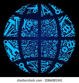 Mosaico del globo de servicio de las herramientas de servicio en un fondo de gradiente azul oscuro. El globo vectorial tiene forma de engranajes azules, spanners y otras herramientas, y se basa en el icono del globo.