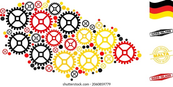 Service Gozo Island map collage and seals. Vector collage is designed of repair service icons in variable sizes, and Germany flag official colors - red, yellow, black.