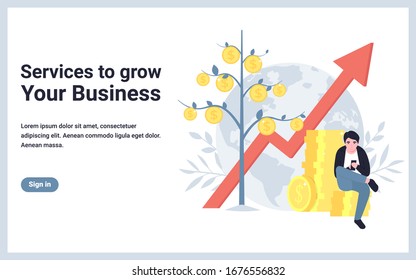 Service to grow your business. Money tree, up arrow, man with mobile phone. Flat concept vector illustration design for banner, website, landing page, template, poster, application. 