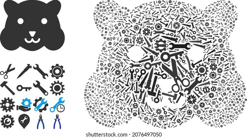 Service hamster head collage of service tools. Vector hamster head is done of gearwheels, wrenches, and other instruments, and based on hamster head icon. Abstraction of maintenance service.