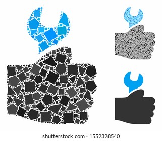 Service hand composition of trembly elements in various sizes and shades, based on service hand icon. Vector abrupt parts are combined into collage. Service hand icons collage with dotted pattern.