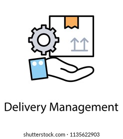 
Service hand holding a goods parcel and a cogwheel, three of them are holding idea of delivery management 
