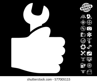 Service Hand icon with bonus copter tools images. Vector illustration style is flat iconic white symbols on black background.