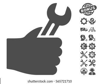 Service Hand icon with bonus settings graphic icons. Vector illustration style is flat iconic gray symbols on white background.