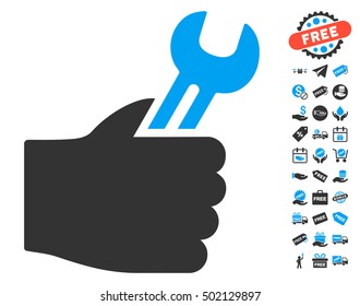 Service Hand icon with free bonus clip art. Vector illustration style is flat iconic symbols, blue and gray colors, white background.