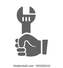 Icono de servicio, mano, soporte, herramientas de trabajo. Gráficos vectoriales grises.