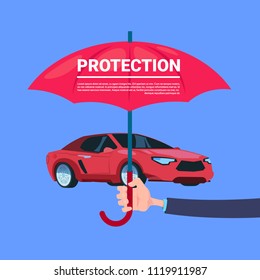 service hand umbrella protective car on blue background flat copy space vector illustration