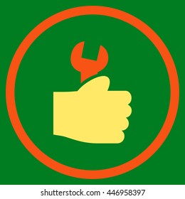 Service Hand vector bicolor icon. Image style is a flat icon symbol inside a circle, orange and yellow colors, green background.