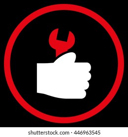 Service Hand vector bicolor icon. Image style is a flat icon symbol inside a circle, red and white colors, black background.