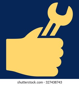 Service Hand vector icon. Style is flat symbol, yellow color, rounded angles, blue background.