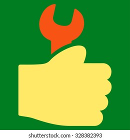 Service Hand vector icon. Style is bicolor flat symbol, orange and yellow colors, rounded angles, green background.