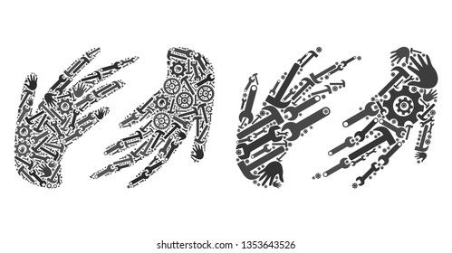 Service hands icon collage of service tools. Abstract vector hands symbol is organized of gear wheels, hands, hammers and wrenches. Concept of industrial company.