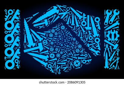 Service handshake collage of service tools on a dark blue gradient background. Vector handshake is formed of blue gearwheels, spanners, and other tools, and based on handshake icon.