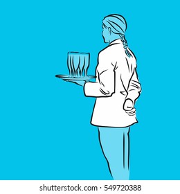 Service Holding glasses with champagne, Blue Series, Hand-drawn Vector Artwork