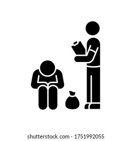 Service for homeless black glyph icon. Social service to help poor people. Volunteering to give humanitarian aid. Sharing donation. Silhouette symbol on white space. Vector isolated illustration