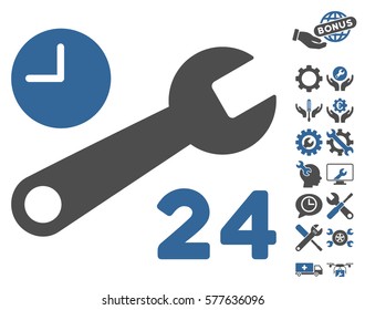 Service Hours icon with bonus configuration design elements. Vector illustration style is flat iconic cobalt and gray symbols on white background.